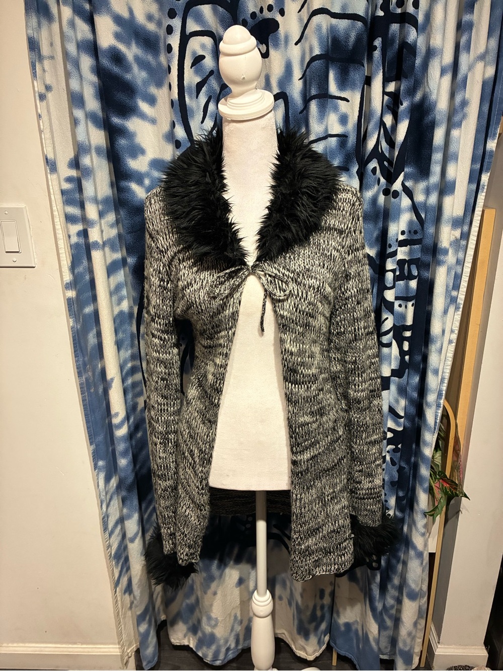 Wishfull Star Black & Gray Marled Open Cardigan with Faux Fur Trim